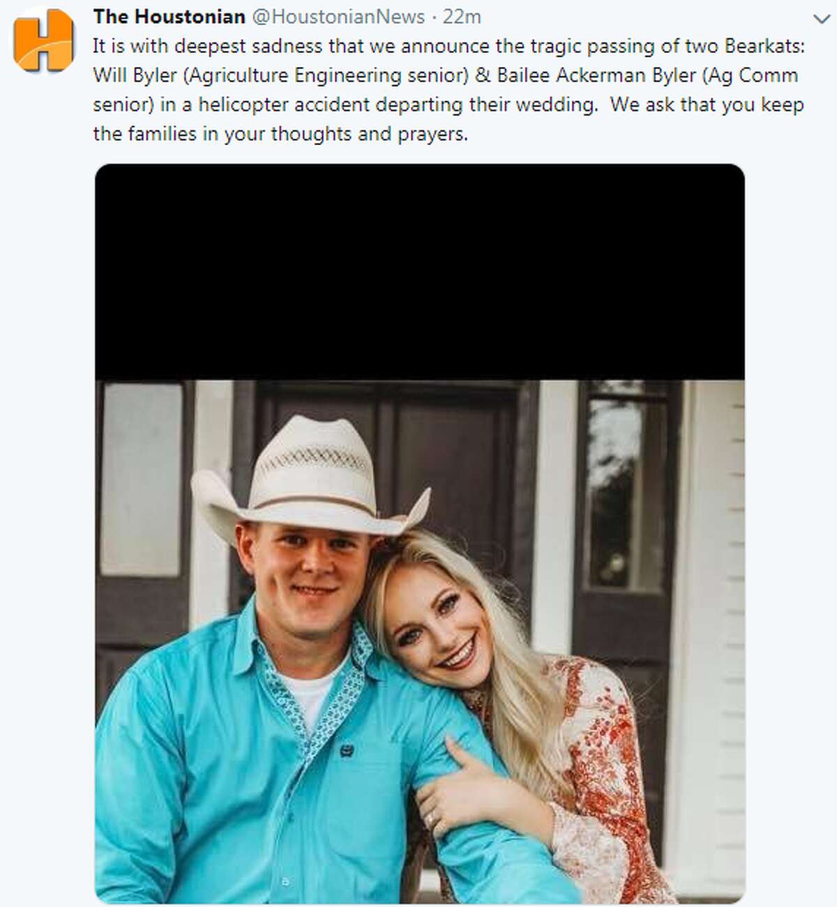 Will Byler and Bailee Ackerman Byler were identified as two newlyweds who died early Sunday in a helicopter accident, their college newspaper The Houstonian reported.