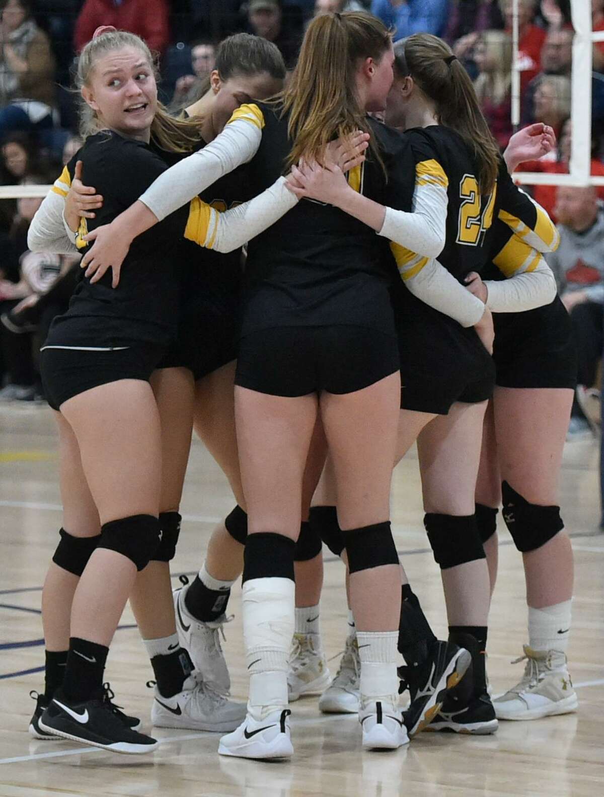 East Haven, Connecticut - Saturday, November 3, 2018: #1 Cheshire H.S. vs. #2 Amity H.S. during the first game of the SCC Girls Volleyball "Championship Final Saturday at East Haven H.S.