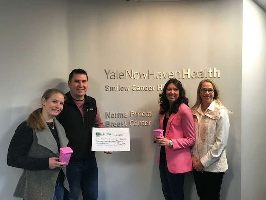   Attachment: (from left to right): Gabby and Brad Topar, owners, Big Little Sanitation; Meghan McCloat, co-chair of Pink Pledge and member of the President's Council, Norma Pfriem Breast Center; and Marlene Battista, co-chair of Pink Pledge and member of the President's Council, Norma Pfriem Breast Center. Photo: Contributed / Bridgeport Hospital 