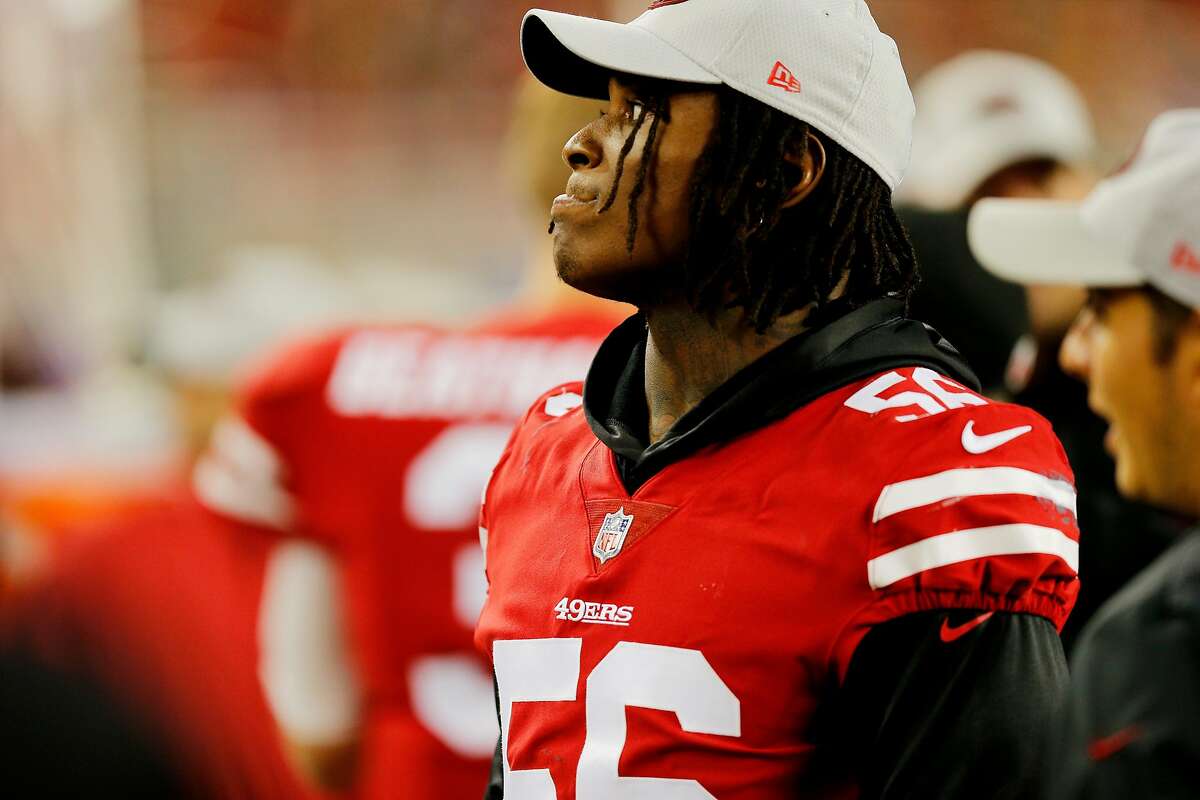 San Francisco 49ers linebacker Reuben Foster (56) on the sidelines during an NFL game against the Los Angeles Chargers at Levi's Stadium on Thursday, Aug. 30, 2018, in Santa Clara, Calif.