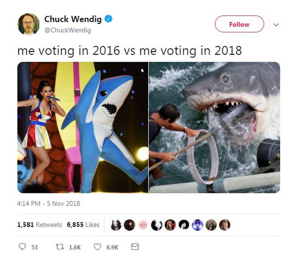 @ChuckWendig: "me voting in 2016 vs me voting in 2018"