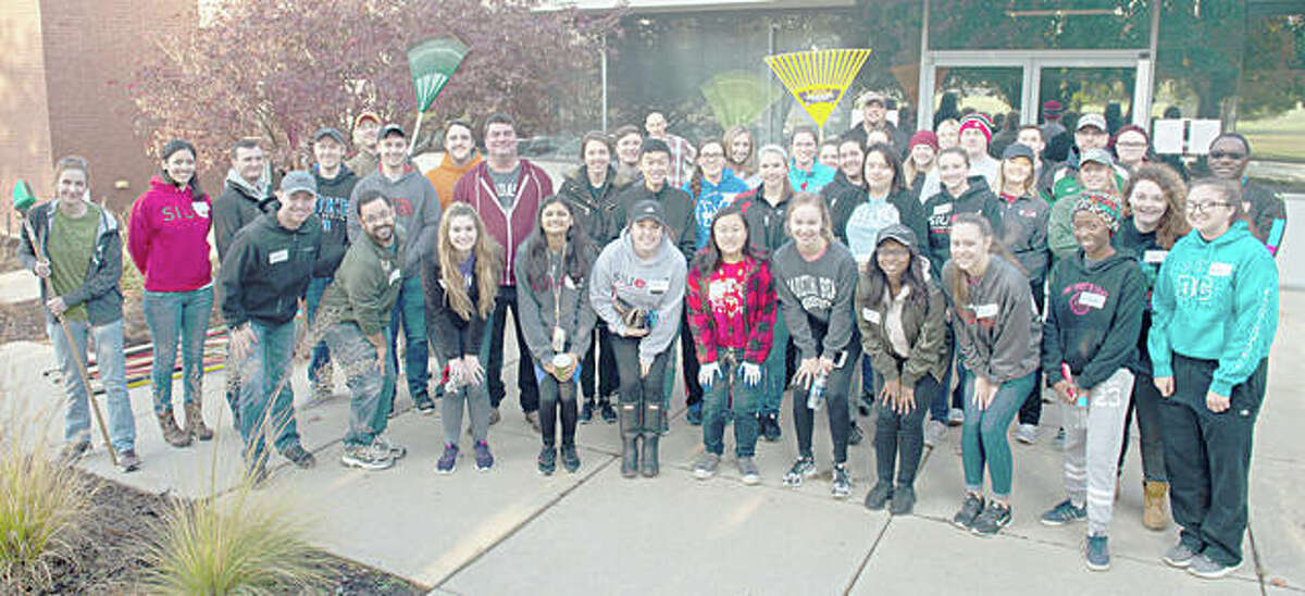 SIUE School of Pharmacy students and the Pre-Pharmacy Association gathered before spreading throughout the community to clean up the yards of senior citizens.