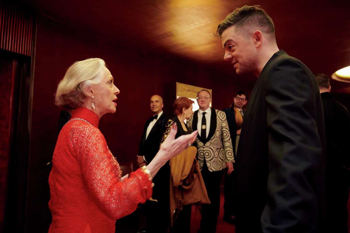 Tippi Hedren speaks with Nico Muhly, the composer of ?“Marnie," at the opening of the Metropolitan Opera's new version of the piece, in New York, Oct. 19, 2018. Hedren, 88, who starred in Alfred Hitchcock?’s 1964 film version of ?“Marnie,?” attended the Met's opening of the new piece. (Vincent Tullo/The New York Times)