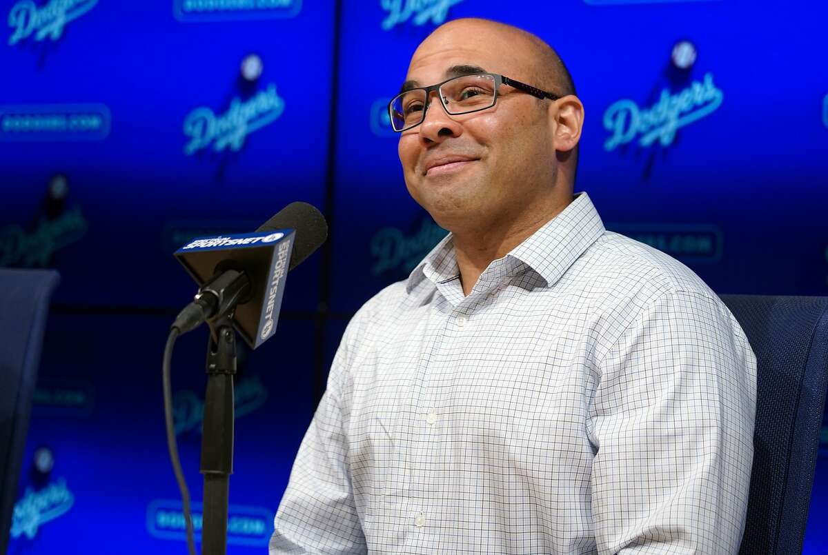 Dodgers General Manager Farhan Zaidi talks in Los Angeles on Nov. 1, 2018. 