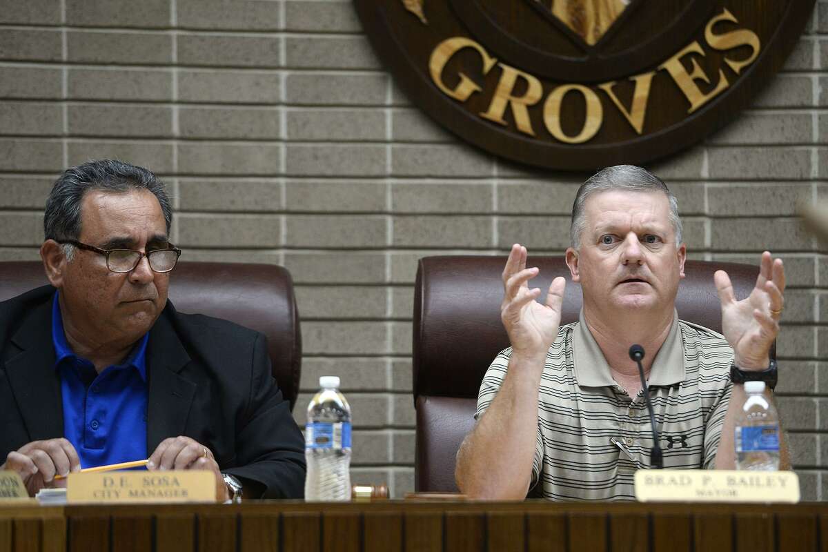 Groves Mayor Brad Bailey speaks during a City Council meeting on Monday. Bailey briefly addressed the topic of dating site photos of councilman Cross Coburn that were anonymously sent to the city and news outlets. Photo taken Monday 3/19/18 Ryan Pelham/The Enterprise