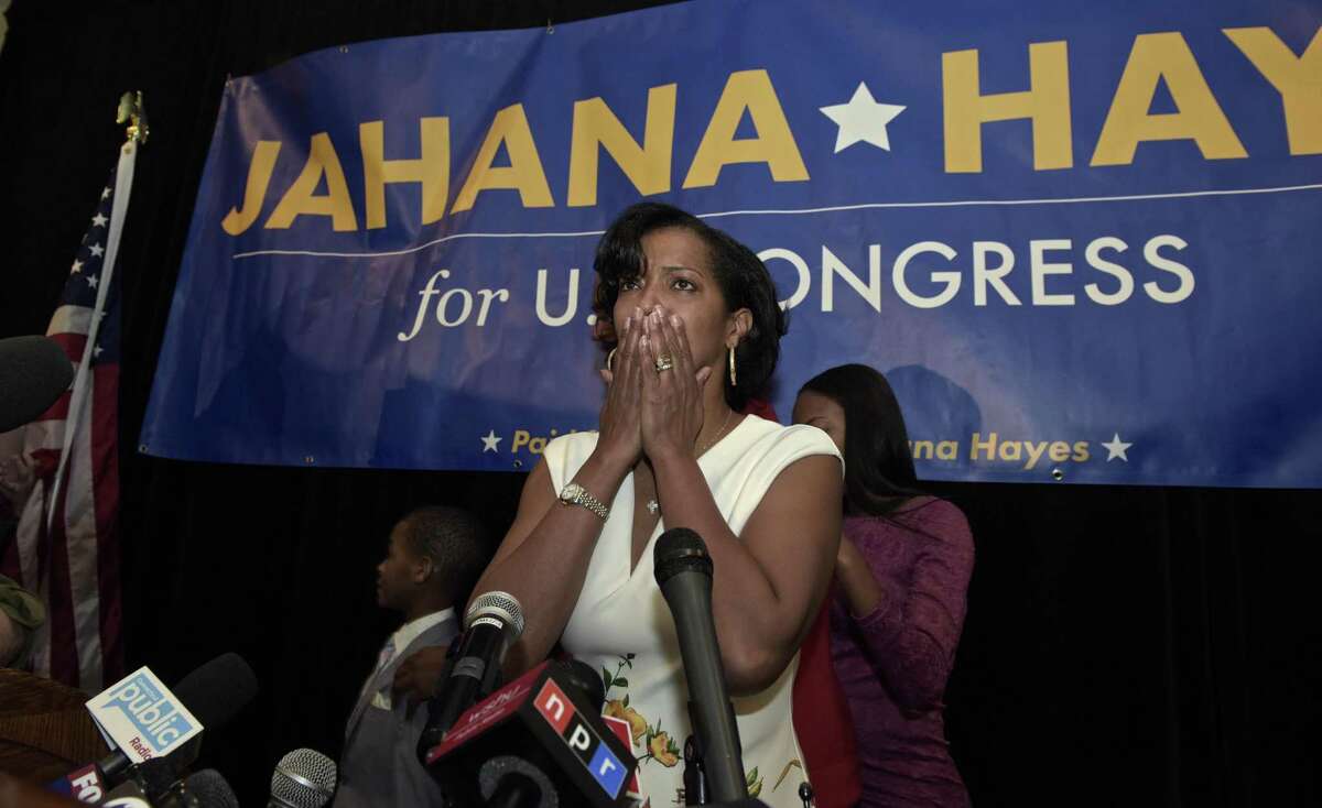 Democrat Jahana Hayes speaks at the Waterbury Marriott on election night, November 6.