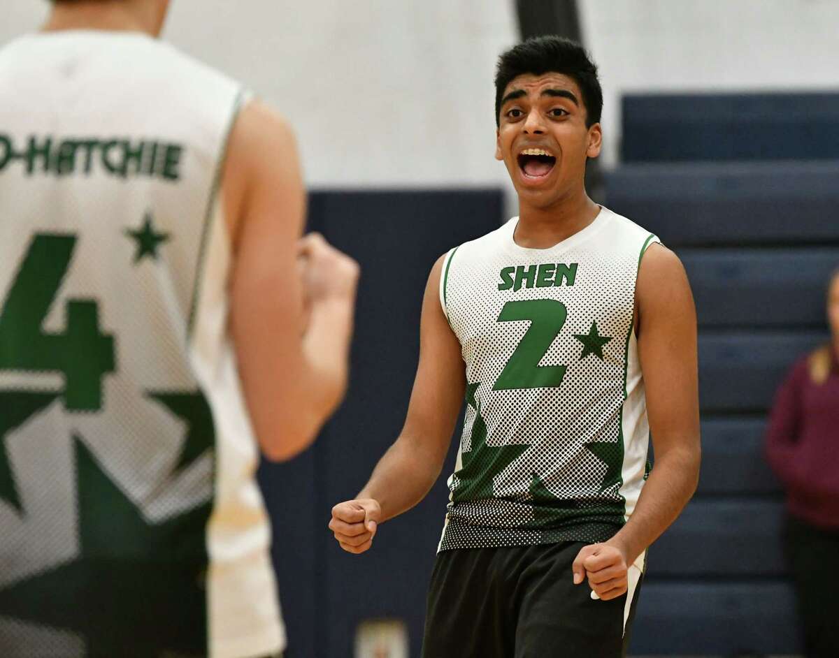 Shenendehowa's Rohan Gangaraju gets excited after his team scored during the Section II boys' volleyball final against Bethlehem at Rensselaer High School on Tuesday, Nov. 6, 2018 in Rensselaer, N.Y. (Lori Van Buren/Times Union)