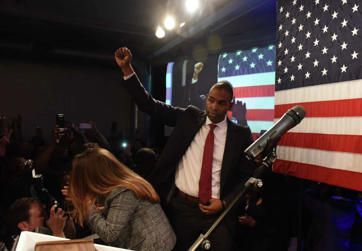 Antonio Delgado speaks to supporters after taking the 19th Congressional District seat from Republican incumbent John Faso on Tuesday, Nov. 6, 2018, in Kingston, N.Y. (Will Waldron/Times Union)