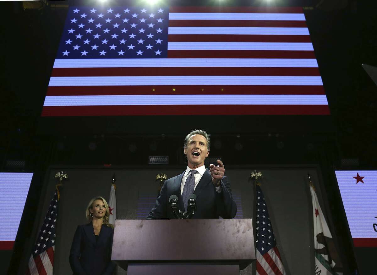 Lt. Gov Gavin Newsom addresses the crowd at an election night party.