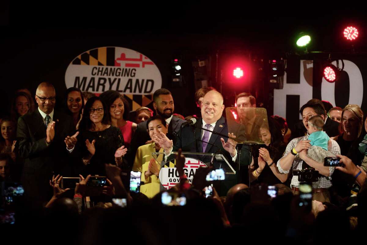 Maryland Gov. Larry Hogan and Lt. Gov. Boyd Rutherford celebrate their re-election on Nov. 6, 2018 at the Westin Hotel in Annapolis, Maryland.