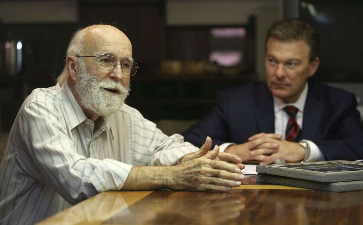 Joe Holcombe talks Tuesday, Nov. 28, 2017 about the administrative claim he and his wife, Claryce, filed against the federal government related to the Sutherland Springs First Baptist Church shooting. An administrative claim in the first step before someone can file a lawsuit against the government. Holcombe's attorney, Rob Ammons, is seen in the background.