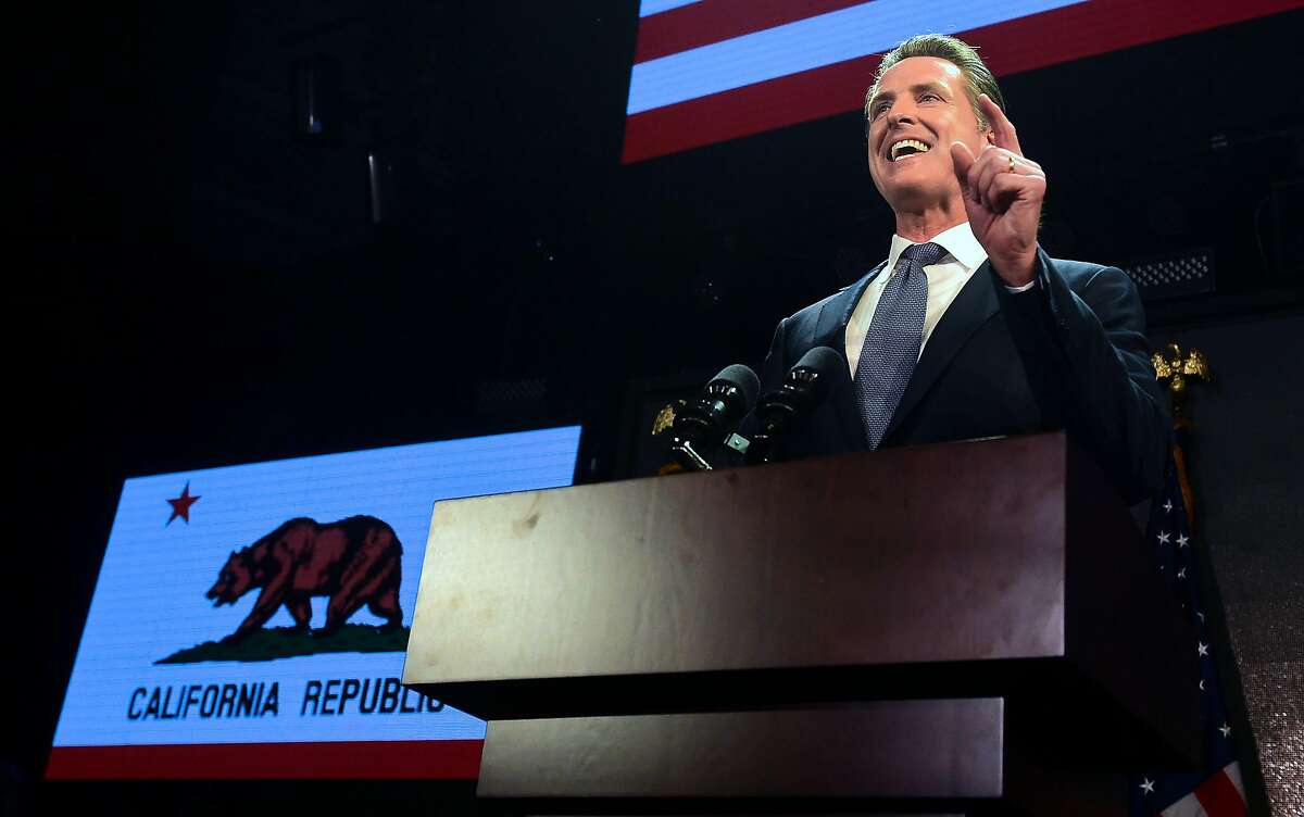 Gavin Newsom speaks onstage at his election night watch party in Los Angeles on November 6, 2018. 