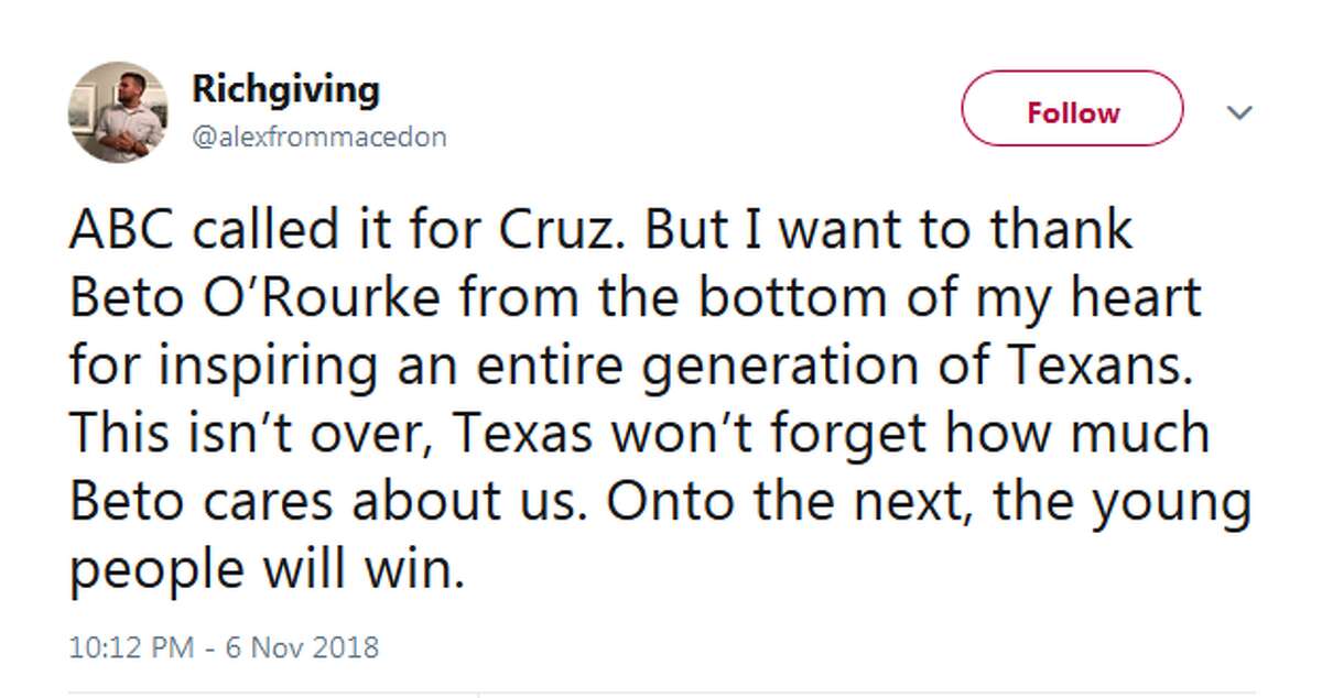 @alexfrommacedon: ABC called it for Cruz. But I want to thank Beto O’Rourke from the bottom of my heart for inspiring an entire generation of Texans. This isn’t over, Texas won’t forget how much Beto cares about us. Onto the next, the young people will win.