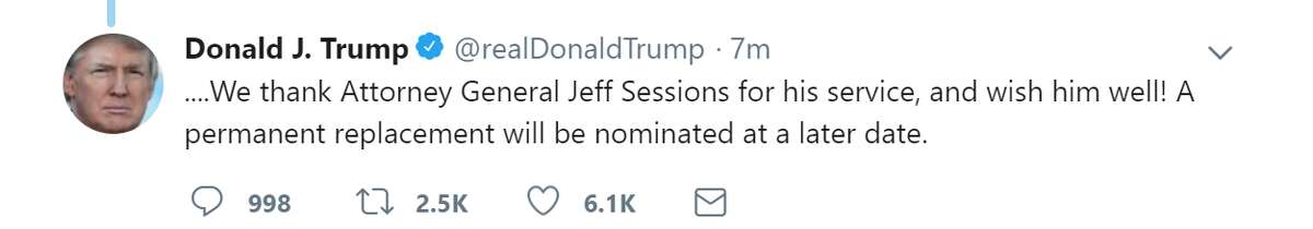 President Donald Trump announces the resignation of Attorney General Jeff Sessions on Wednesday, Nov. 7, 2018.