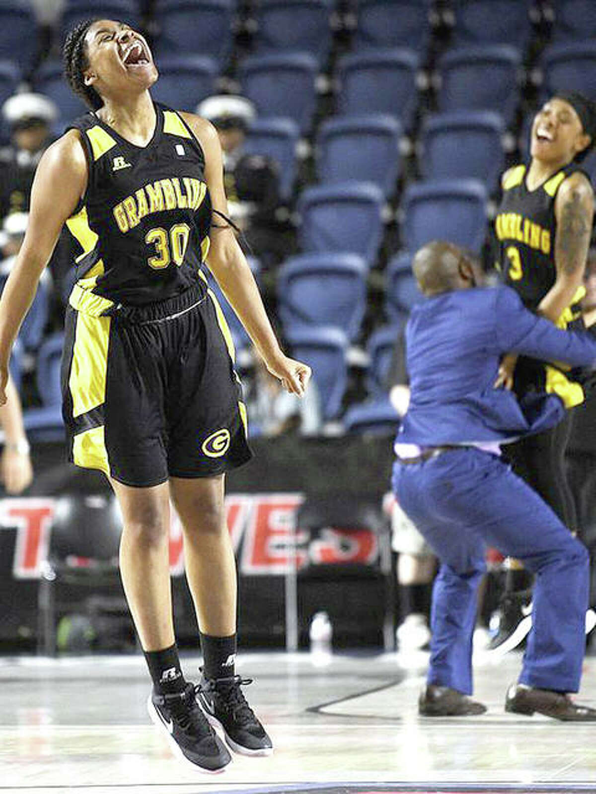 Grambling State forward Alexus Williams (30) celebrates the team’s 72-68 win over Southern, in the championship of the Southwestern Athletic Conference last March in Houston.Williams, who averaged 13.1 points per game for Grambling, has transferred to Lewis and Clark Community College. She scored 23 points for LCCC in its season-opening win over Arkansas State-Midsouth.