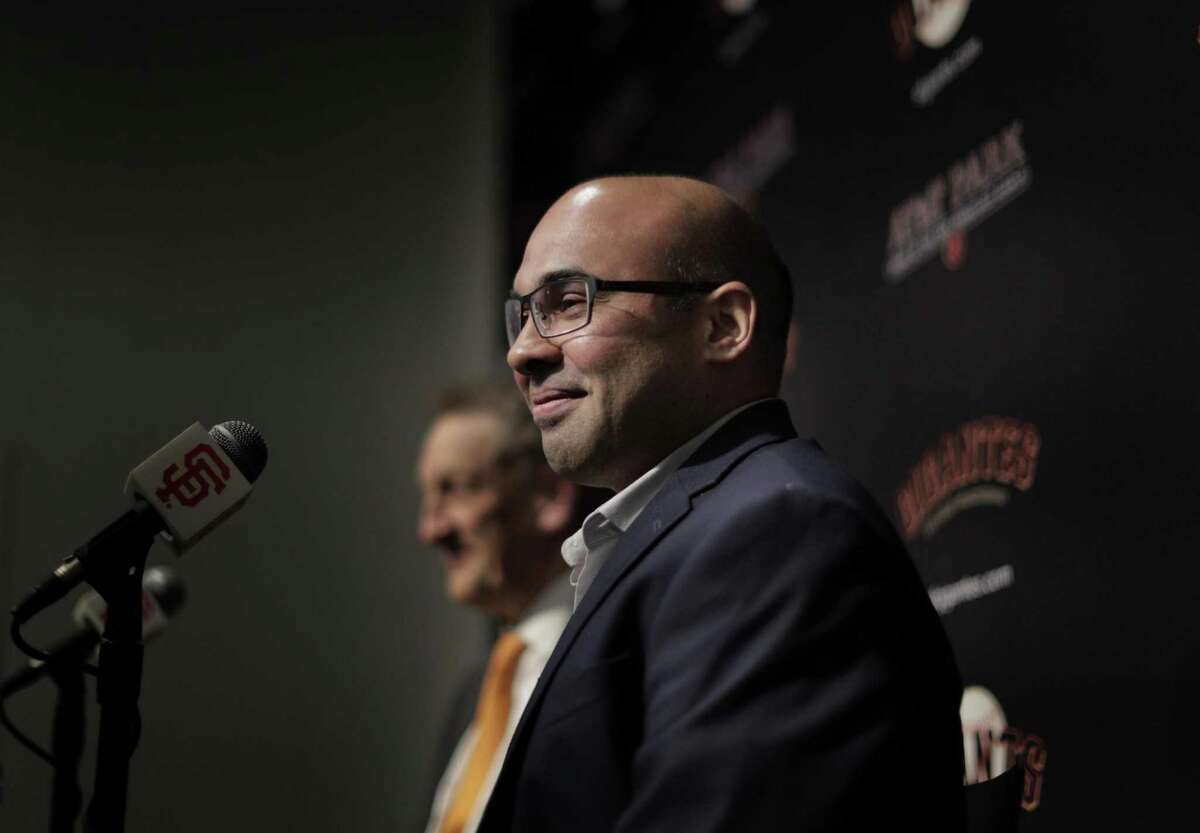 Farhan Zaidi answers a question from the press after Giants CEO Larry Baer introduced him as the new president of baseball operations during a press conference at AT&T Park, in San Francisco, Calif., on Wednesday, November 7, 2018.