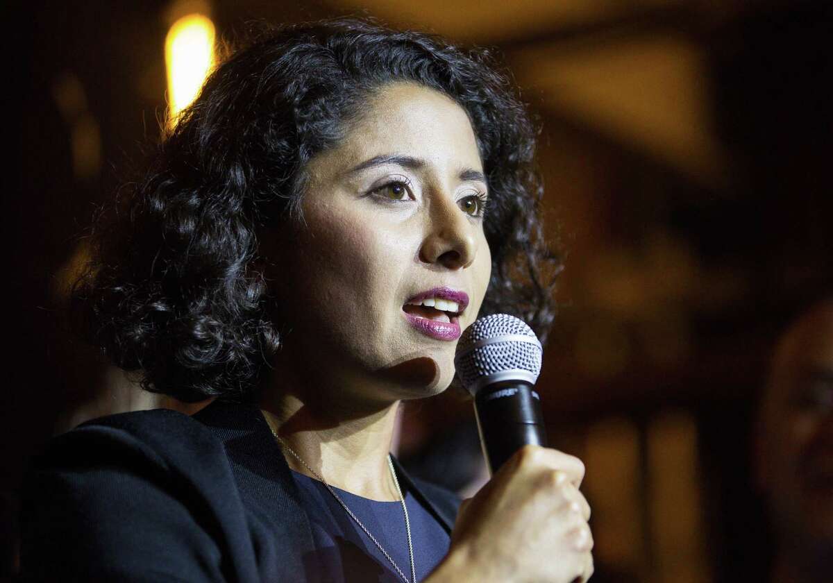 Harris County Judge candidate Lina Hidalgo addresses the crowd at an election night celebration hosted by the Harris County Democratic Party after accepting a call from current Harris County Judge Ed Emmett conceding the race to her, Wednesday, Nov. 7, 2018, at Chapman And Kirby in Houston. (Mark Mulligan/Houston Chronicle via AP)