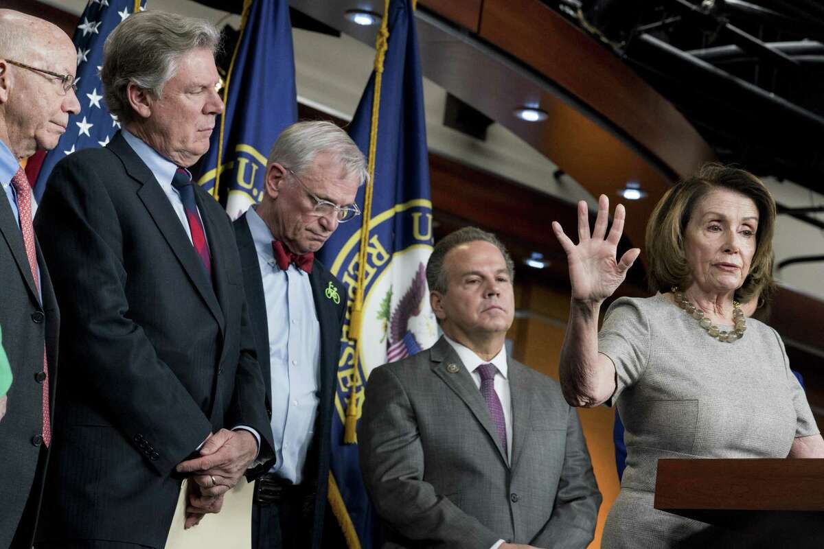 House Minority Leader Nancy Pelosi (D-Calif.) with from left: Peter DeFazio (D-Ore.), Rep. Frank Pallone (D-NJ), Rep. Earl Blumenauer (D-Ore.) and Rep. David Cicilline (D-R.I.) After winning control of the House, Democrats are expected to be more interested in combating climate change than boosting oil and gas production.