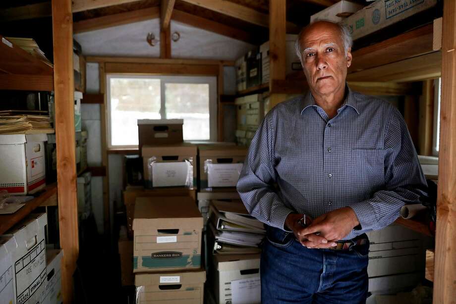 Daniel Hirsch, retired director of the environmental and nuclear policy program at the University of California Santa Cruz, keeps boxes of research material and documents in several sheds on his property in Ben Lomond. Photo: Guy Wathen / The Chronicle