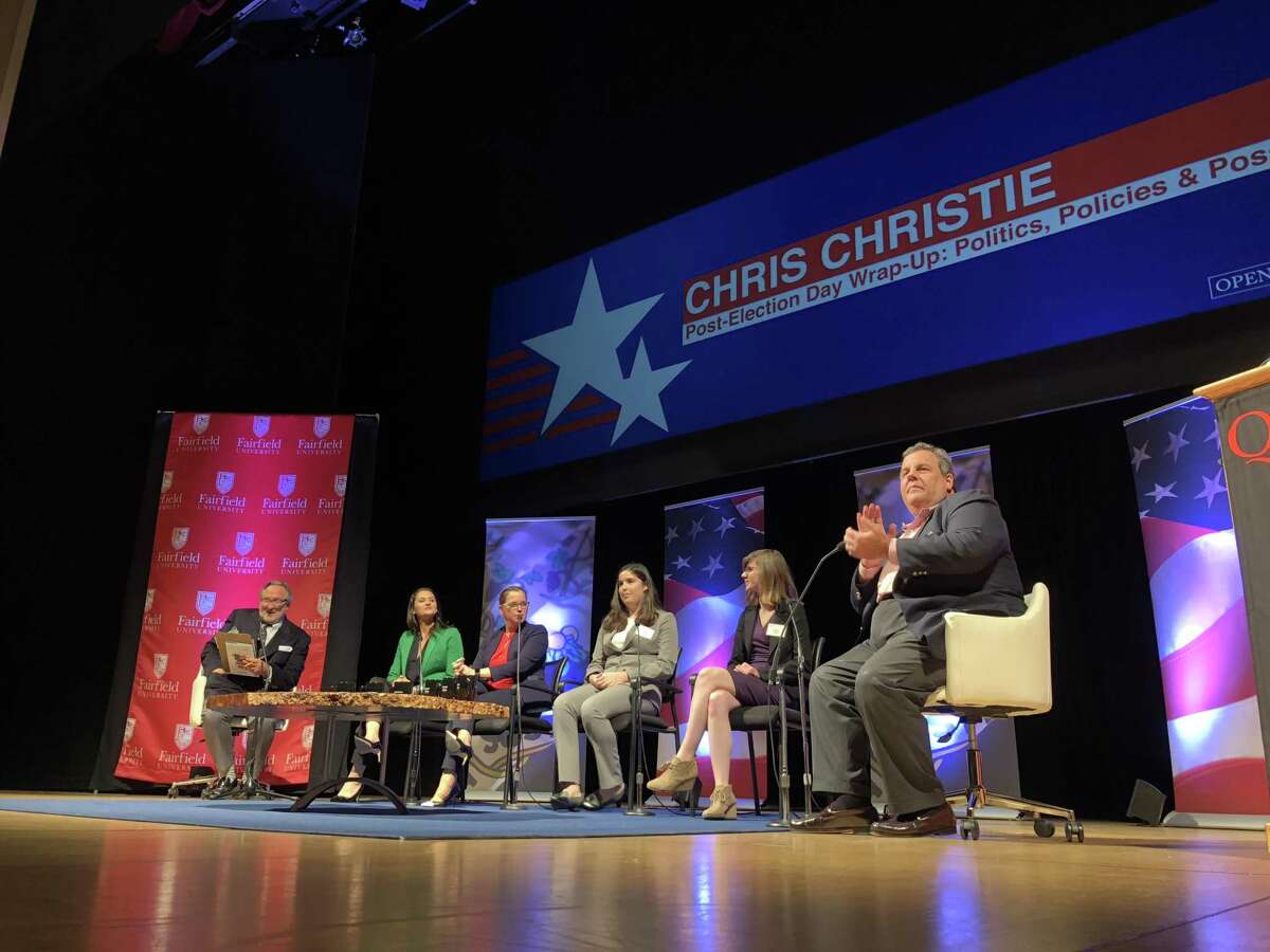 Former New Jersey Gov. Chris Christie appeared before a packed auditorium at Fairfield University Wednesday to discuss the outcome of the midterm elections.
