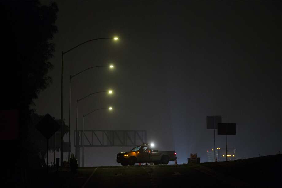 A truck is parked on the freeway off-ramp from the 101, near the Borderline Bar and Grill, the scene of a mass shooting, is closed on November 8, 2018 in Thousand Oaks, California. At least twelve people have died, including a Ventura County Sheriffs Department sergeant, plus the gunman. Photo: David McNew/Getty Images