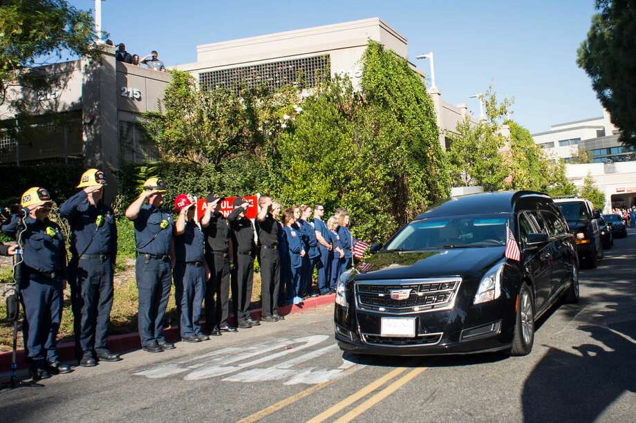 Ventura County Sheriff Sgt. Ron Helus, who died after entering the scene of a mass shooting during college night at a Thousand Oaks nightclub on Wednesday night, leaves Los Robles Hospital & Medical Center during a procession in his honor on Thursday morning, November 8, 2018. Authorities believe Ian David Long, a 28-year-old veteran, is the shooter and among the 13 dead. Photo: Digital First Media/Pasadena Sta/Digital First Media Via Getty Im