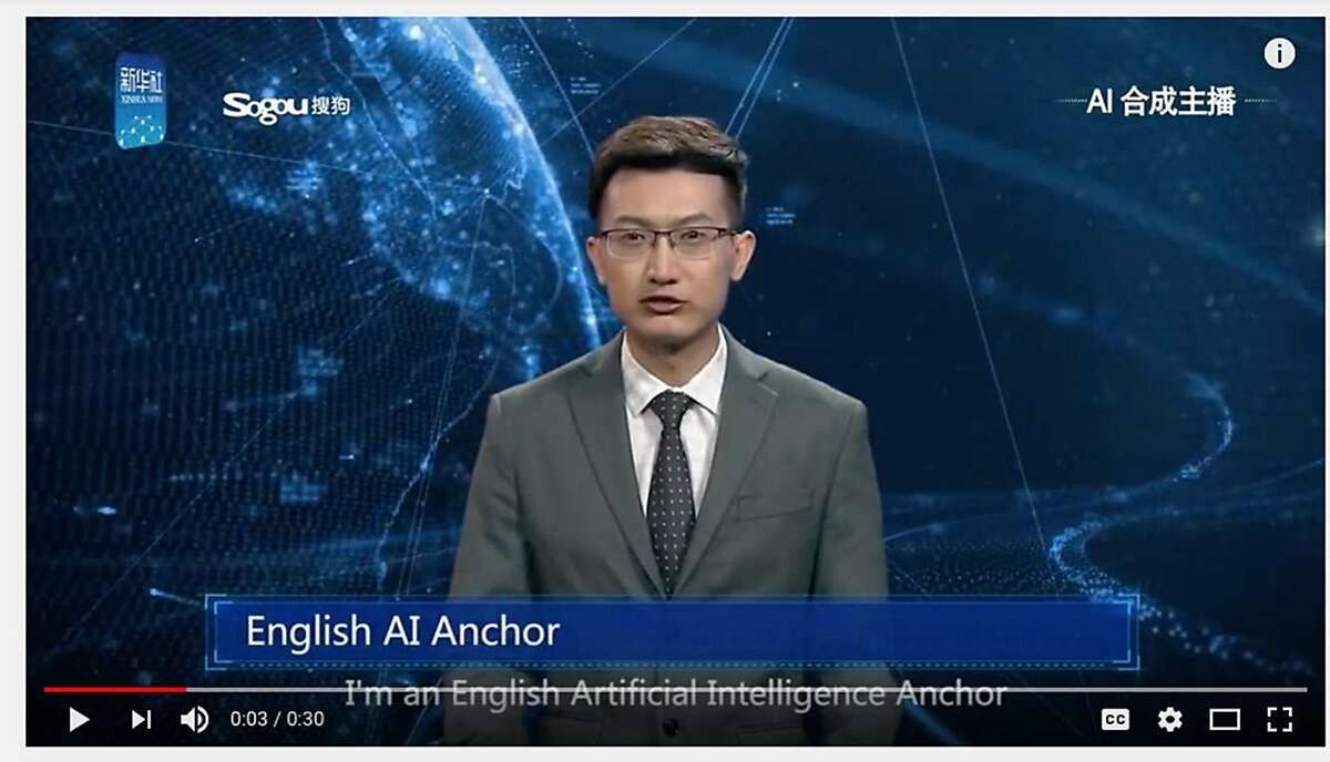 An English-language news anchor - a composite of a live person and artificial intelligence - makes his broadcast debut on the Xinhua News Agency broadcast on Thursday, Nov. 8, 2018.