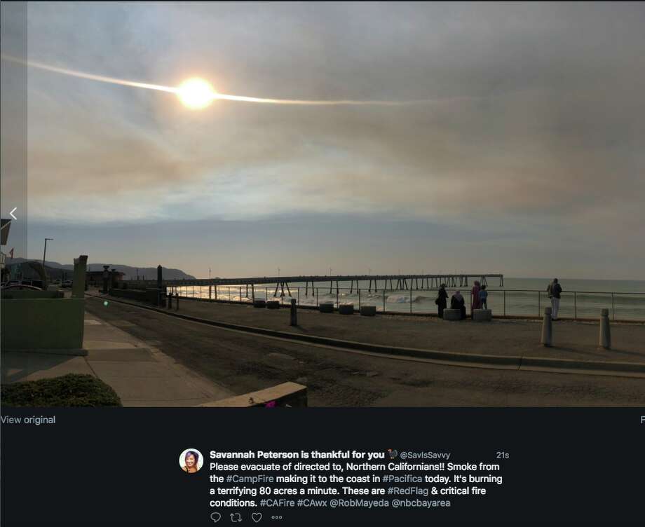 Photos show smoke from Camp Fire near Chico pouring into Bay Area. The wildfire started at 6:30 a.m. on Nov. 8, 2018, and quickly exploded into a raging inferno. Photo: Twitter Screen Grab
