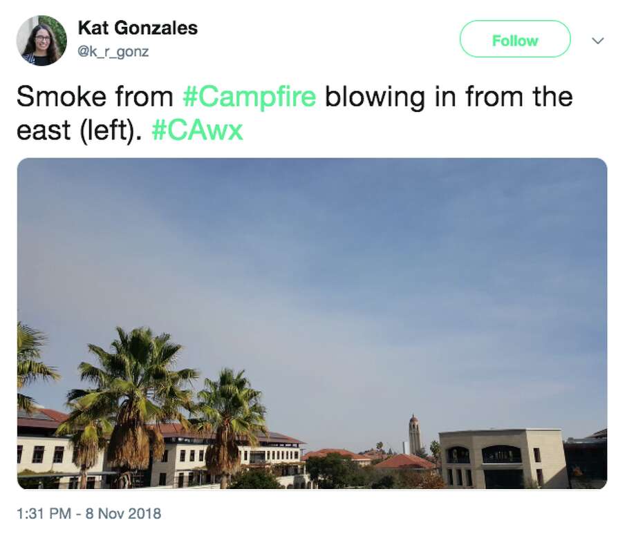 Photos show smoke from Camp Fire near Chico pouring into Bay Area. The wildfire started at 6:30 a.m. on Nov. 8, 2018, and quickly exploded into a raging inferno. Photo: Twitter Screen Grab