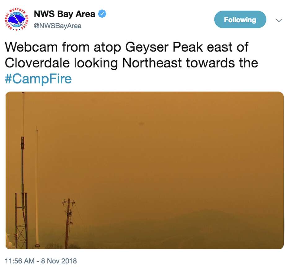Photos show smoke from Camp Fire near Chico pouring into Bay Area. The wildfire started at 6:30 a.m. on Nov. 8, 2018, and quickly exploded into a raging inferno. Photo: Twitter Screen Grab