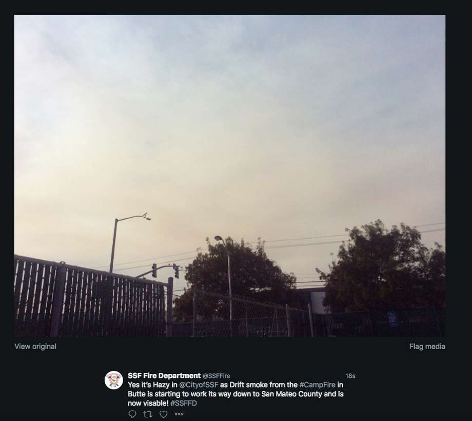 Photos show smoke from Camp Fire near Chico pouring into Bay Area. The wildfire started at 6:30 a.m. on Nov. 8, 2018, and quickly exploded into a raging inferno. Photo: Twitter Screen Grab