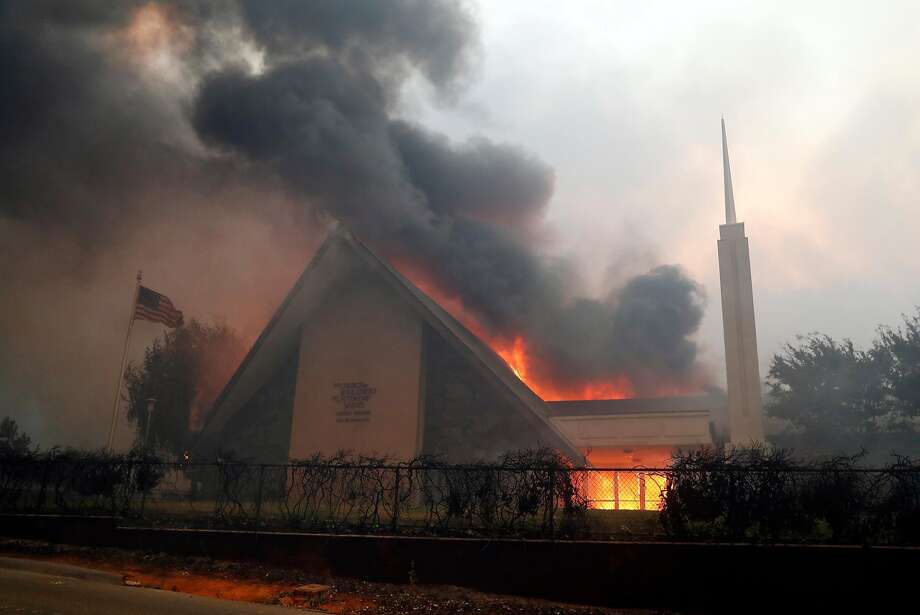 The Church of Jesus Christ of Latter Day Saints burns during Camp Fire in Paradise, Calif.. on Thursday, November 8, 2018. Photo: Scott Strazzante / The Chronicle