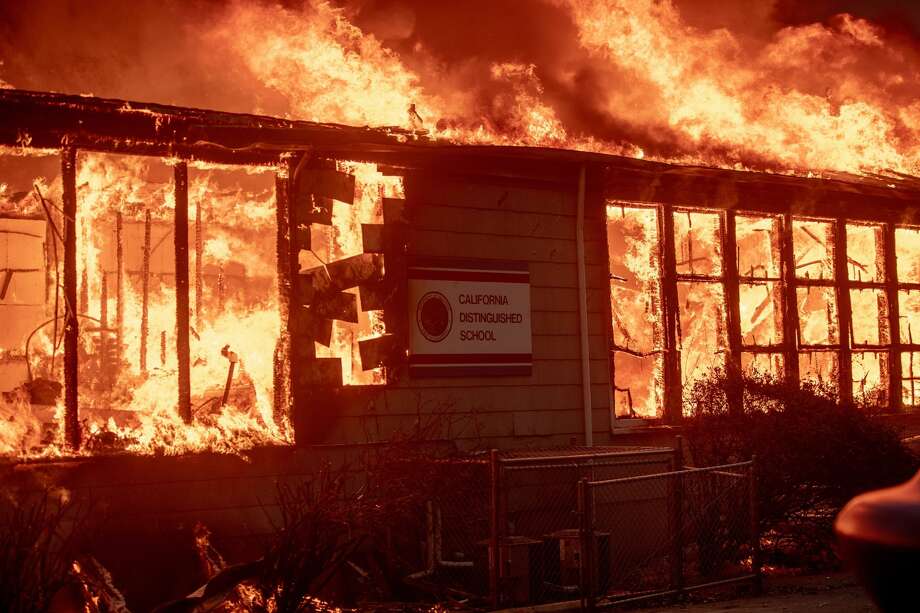 AFTER: Paradise Elementary School The school burns down as the Camp fire tears through Paradise, Calif. on Nov. 8, 2018. Photo: JOSH EDELSON/AFP/Getty Images