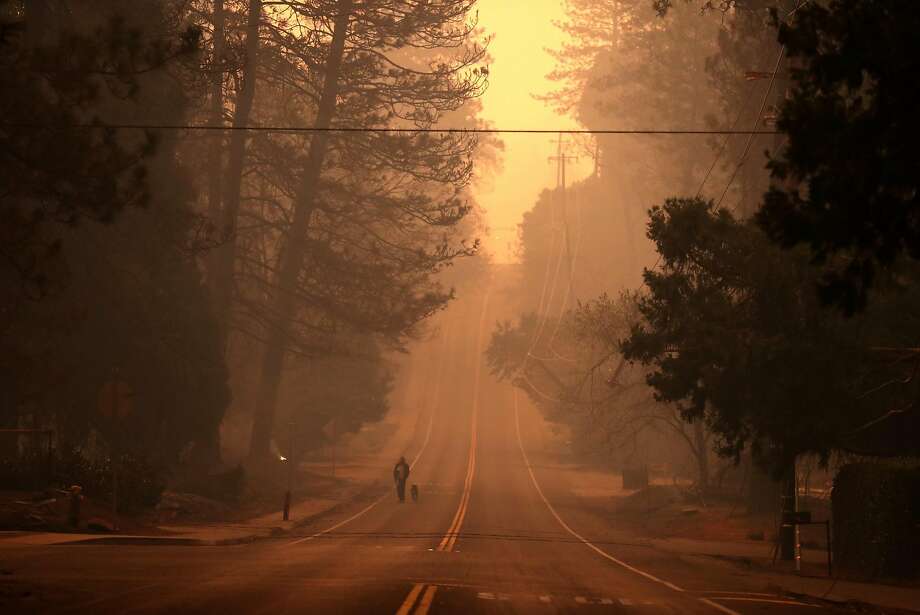 AFTER: Elliot Road, Paradise Brian Robinson and his dog, Beulah, walk down Elliot Road during Camp Fire in Paradise, Calif. on Friday, Nov. 9, 2018. Photo: Scott Strazzante, The Chronicle