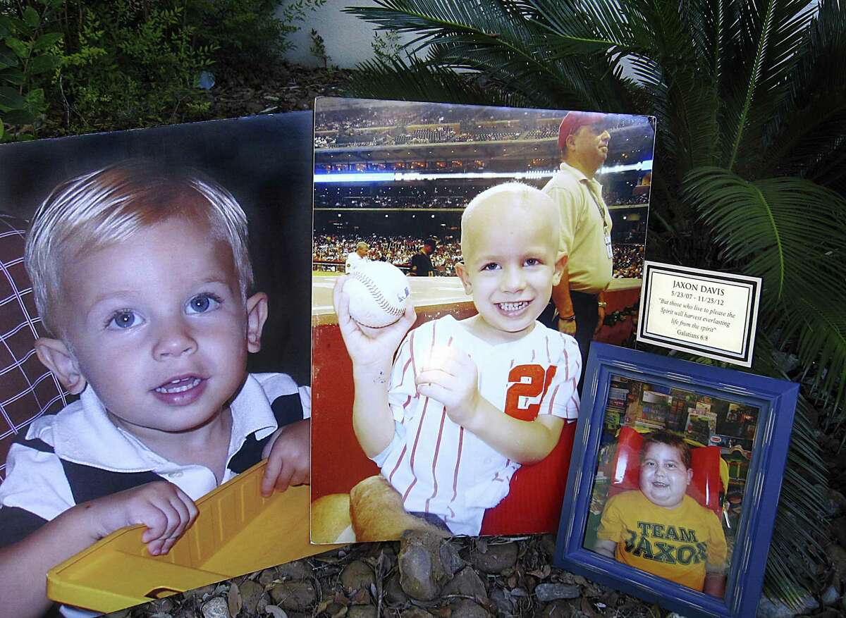 Jaxon Davis, shown in photos before, during and in the late stages of treatment for the cancer that took his life at age 5, is the inspiration for the Jaxon's FROG Foundation. The sago palm in the background was planted in honor of Jaxon at Shearer Hills Baptist Church where he attended preschool.