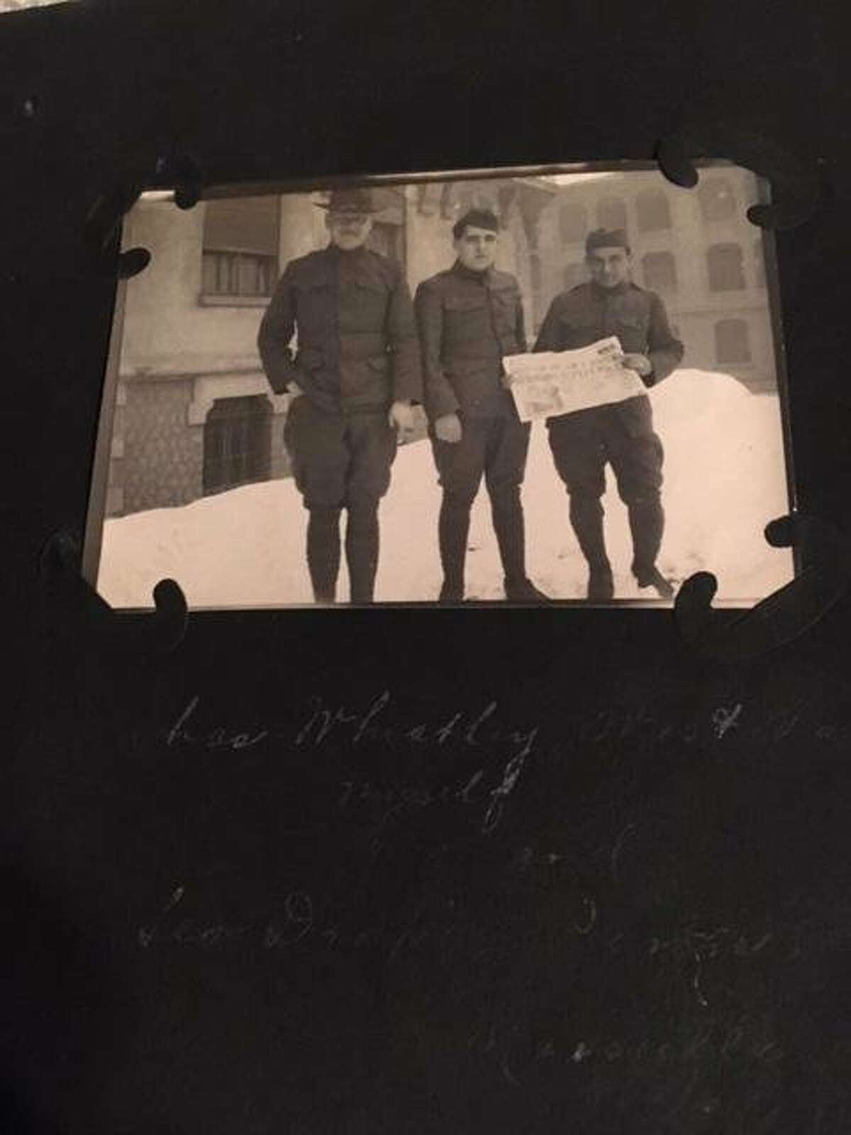 San Francisco soldier Joseph Bosque, center, is seen with two of his mates while deployed in France during WW I. While deployed, Bosque wrote a series of love letters to his then-girlfriend, Annie Corbett, who awaited his return in San Francisco from the war. Bosque was deployed in a non-combat role and returned home safely to marry his sweetheart.