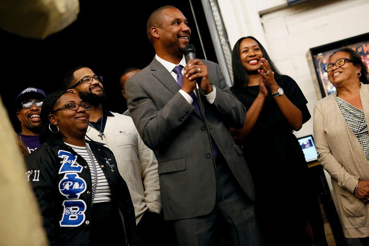 Shamann Walton, a District 10 candidate, celebrates with his friends and family at his watch party Tuesday, Nov. 6, 2018, in San Francisco, Calif.