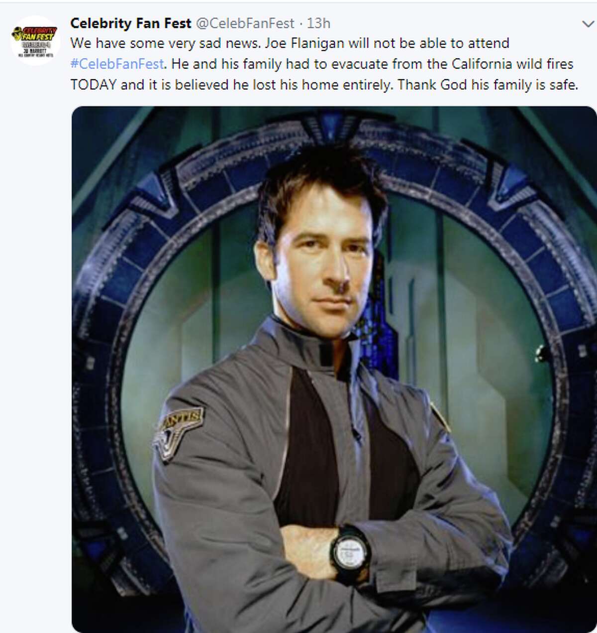 Joe Flanigan will not be attending Celebrity Fan Fest in San Antonio this weekend, the event announced on its social media pages.