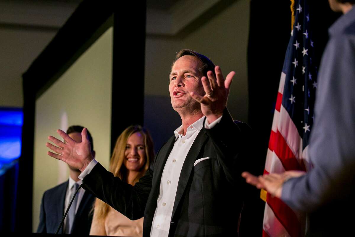 Harley Rouda, a Democratic congressional candidate, speaks to supporters at an election night party in Newport Beach, Calif., Nov. 6, 2018. The Democrats have captured a once-unthinkable win in coastal Orange County as Republican Rep. Dana Rohrabacher was trailing Rouda, a real estate executive and a former Republican, into late Tuesday night. (Sam Hodgson/The New York Times)