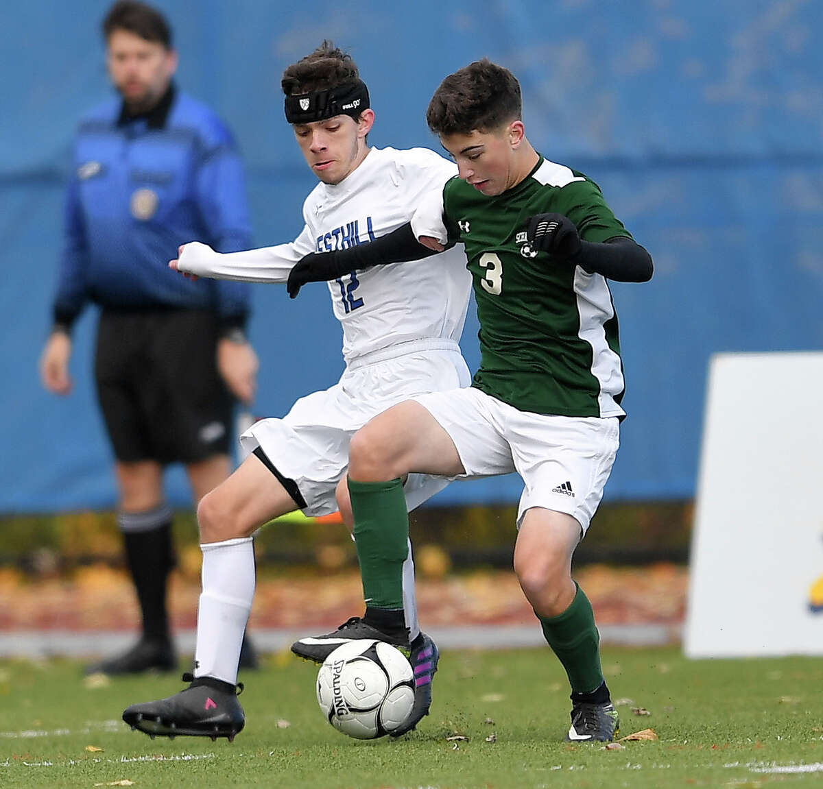 Schalmont?’s Zach Metzold, right, shields the ball from Westhill?’s Braden Krzykowski during a Class B semifinal at the NYSPHSAA Boys Soccer Championships in Middletown, N.Y., Saturday, Nov. 10, 2018. Schalmont's season ended with a 3-1 loss to Westhill-III. (Adrian Kraus / Special to the Times Union)