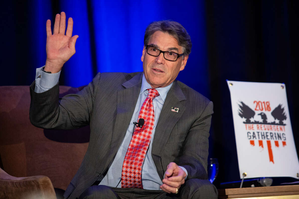 Secretary of Energy Rick Perry speaks to the crowd at a Republican event called The Resurgent Gathering at the Capitol Sheraton hotel in Austin, Texas in August.