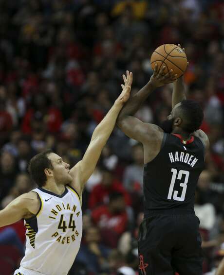 James Harden's step-back 3-pointer often leaves defenders helpless when it comes to fouling. He has drawn 55 three-shot fouls this season. Photo: Godofredo A. Vasquez