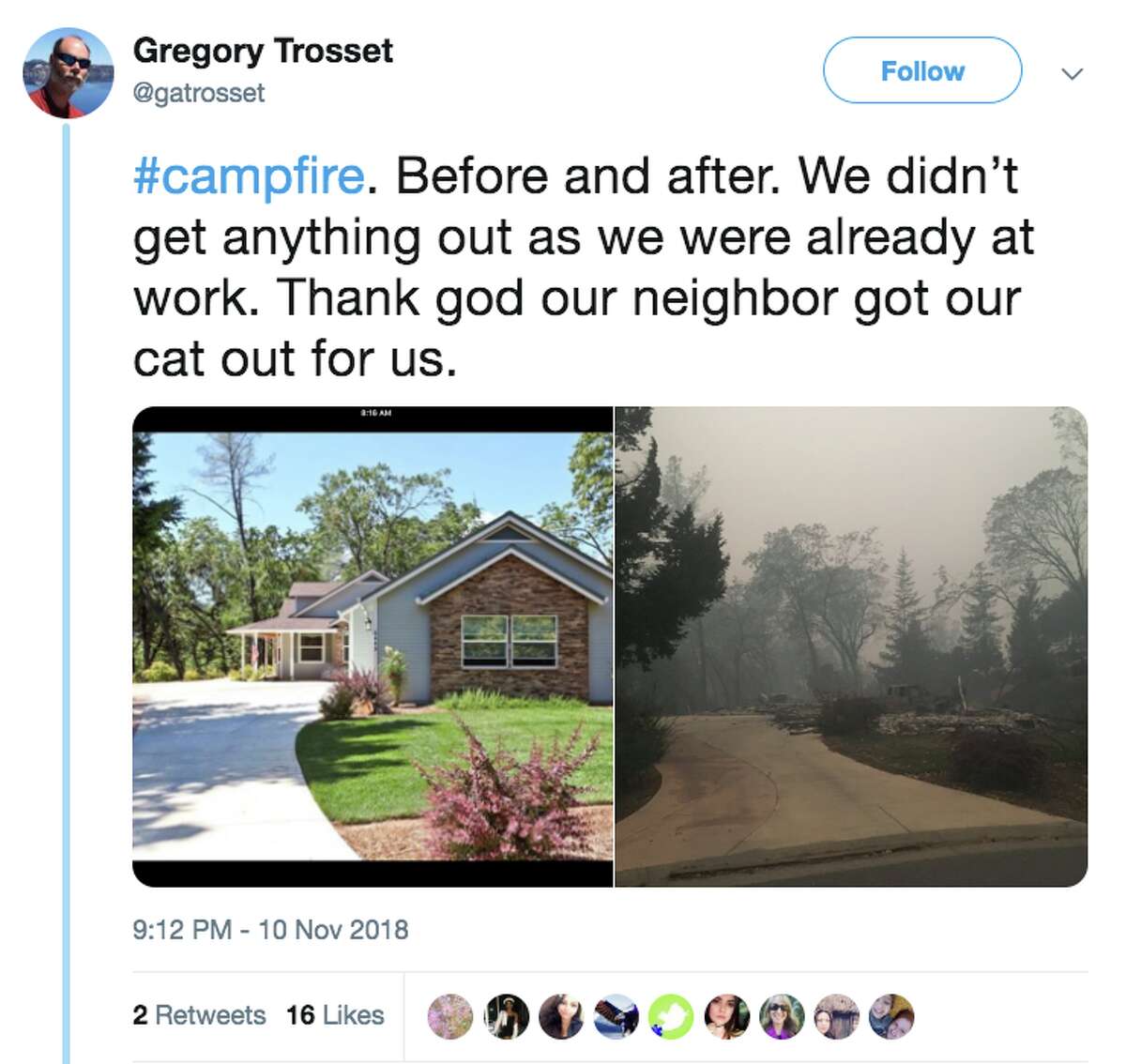 Twitter user @gotrosset posted an image of his home before and after it destroyed in the Camp Fire in Paradise, Calif.