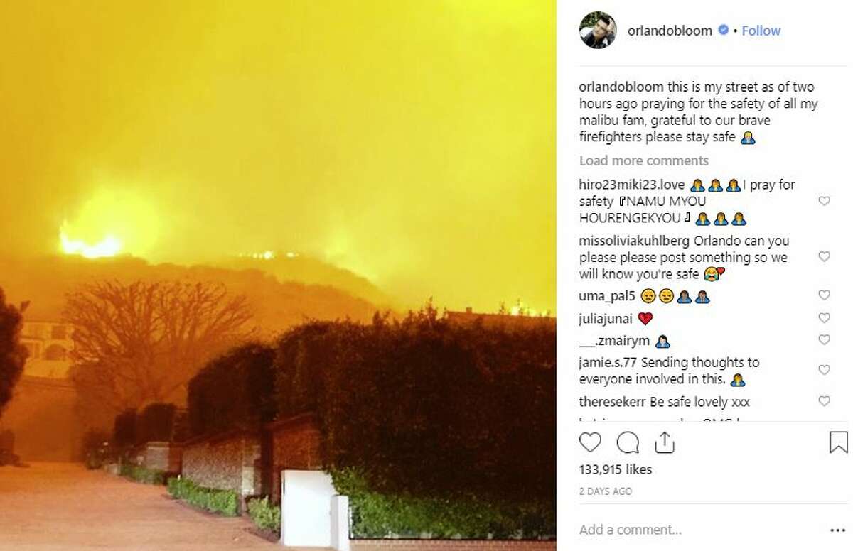 Celeb: Orlando Bloom Caption: "This is my street as of two hours ago praying for the safety of all my malibu fam, grateful to our brave firefighters please stay safe."