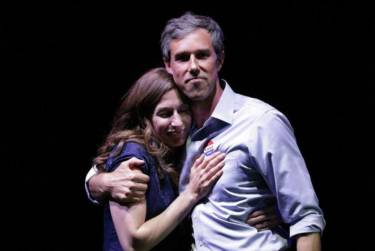 U.S. Rep. Beto O'Rourke and his wife, Amy Sanders, hug during his concession speech Tuesday, Nov. 6, 2018, in El Paso, Texas.