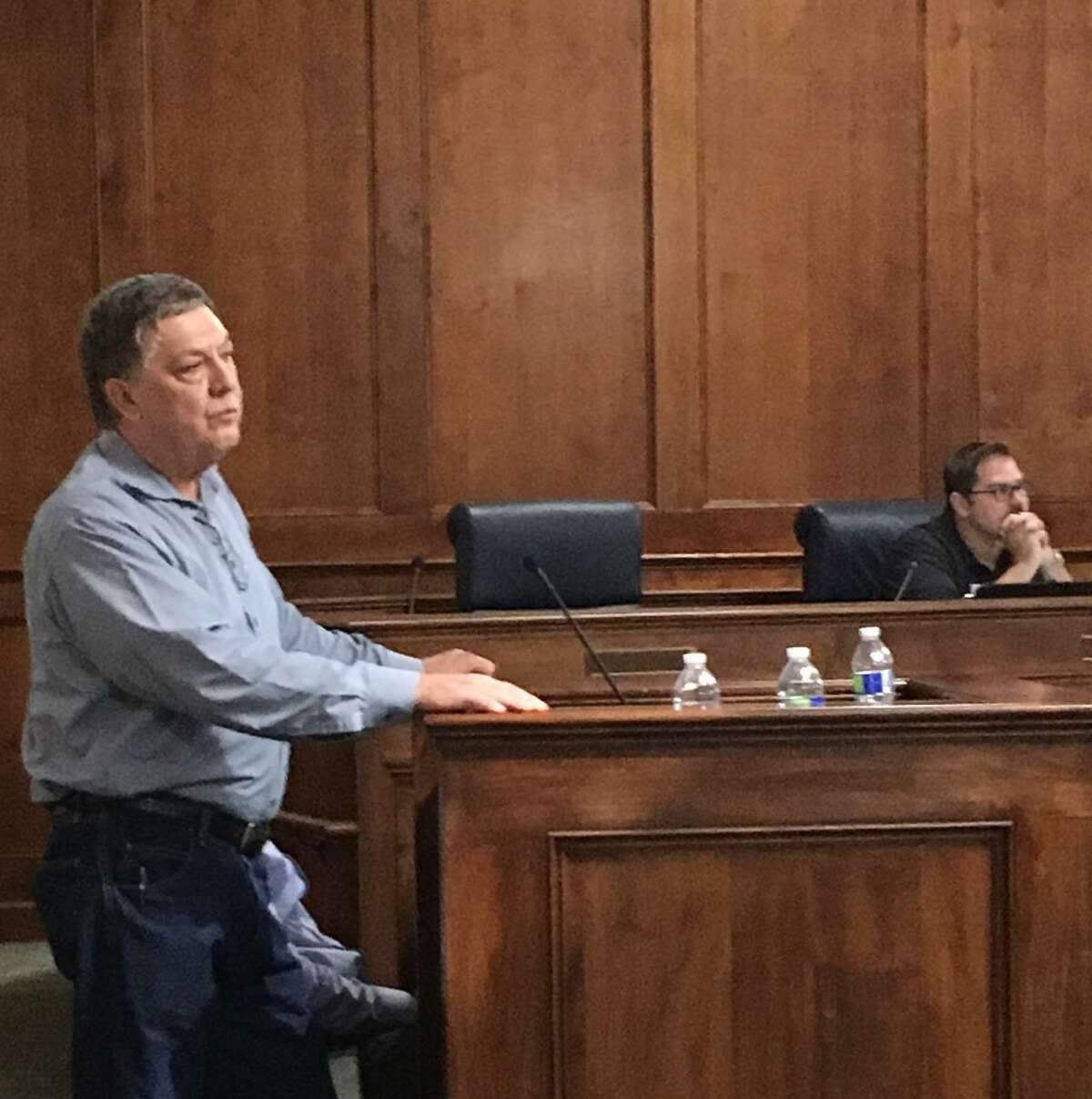 David Leyendecker, city engineer for the City of Katy, gave residents details about the First Street project Nov. 8 at Katy City Hall. In the back is Ward A Councilman Frank O. Carroll III.