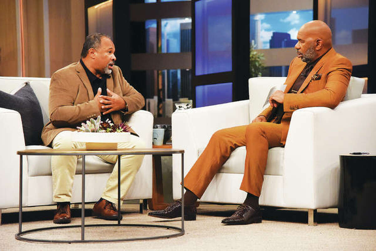 “Steve” host Steve Harvey, right, talks to actor Geoffrey Owens, who was “job shamed” when photos of him working at a Trader Joe’s went viral. The pair discussed the controversy live on air in a “Steve” episode.