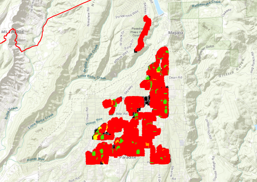 This map shows homes destroyed in the Camp Fire, and those that survived