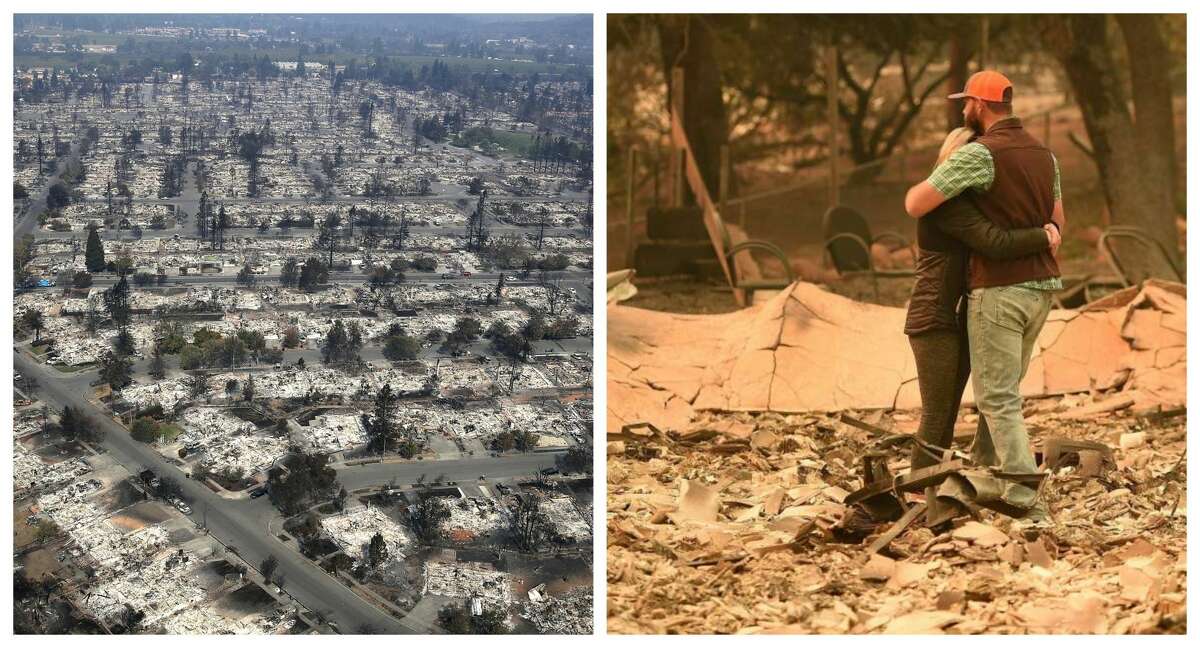 Structures destroyed Tubbs Fire: 5,643, second most destructive Calif. wildfire by structures burned Camp Fire: 10,321 as of Nov. 14, 2018; most destructive Calif. wildfire by structures burned Photos: Left, a view of hundreds of homes destroyed in the Coffee Park neighborhood on Oct. 11, 2017. Right, Chris and Nancy Brown embrace while looking over the remains of their burned Paradise residence after the Camp Fire.