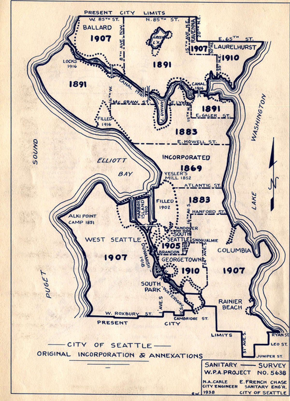 What were Seattle's earliest neighborhoods? It doesn't take a major sleuth to figure out some of it, but we consulted this 1938 Works Progress Administration map showing Seattle's annexations to date at that time to come up with a list of some accuracy. The exact beginnings of some neighborhoods are hard to nail down, and the whole area was already inhabited by Native Americans long before even the earliest explorers sailed Puget Sound. We'll focus here on the parts of the city where the incoming white people opted to live and develop cities and neighborhoods. One note on this map, readers will notice that the northern boundary of the city was North 85th Street at that time, while it now extends to North 145th Street.